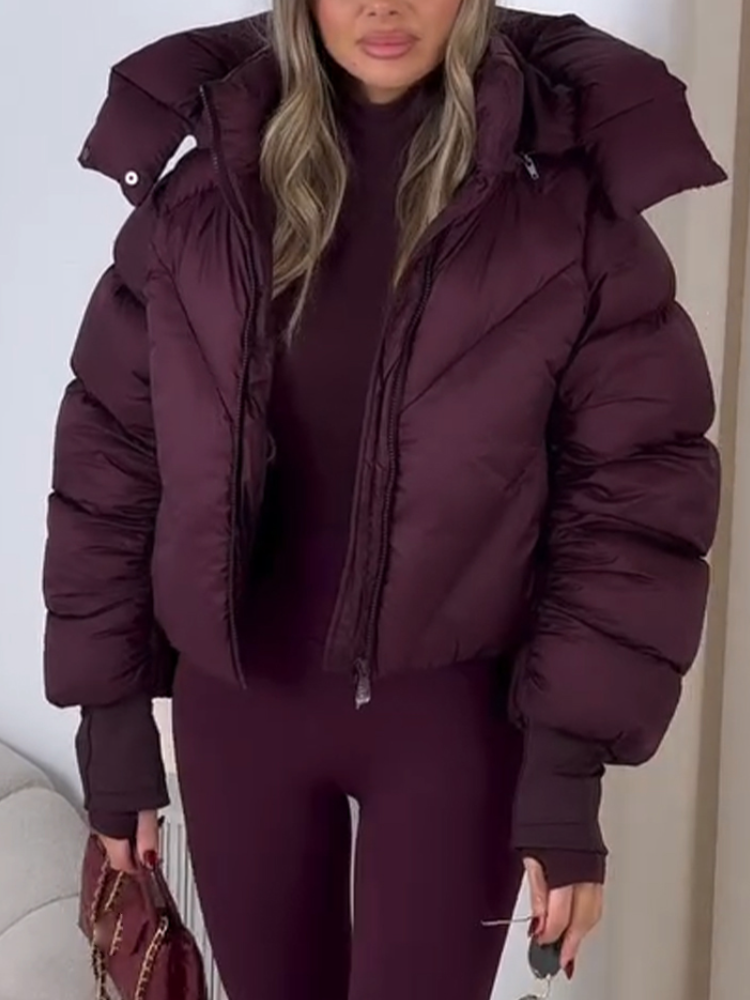 Women Hooded Solid Color Casual Cotton-padded Jacket