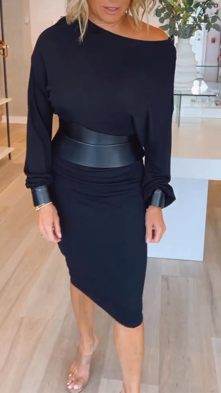 Womens Round Neck Solid Color Dress Waist Cover