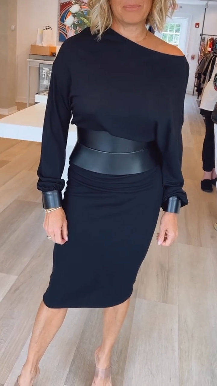 Womens Round Neck Solid Color Dress Waist Cover