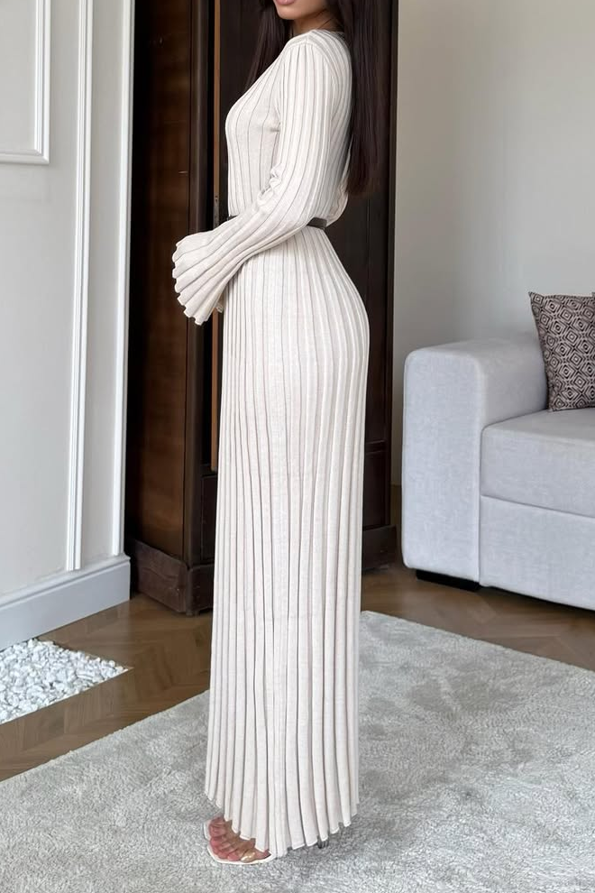 Women Casual Round V-Neck Knitted Textured Long Dress