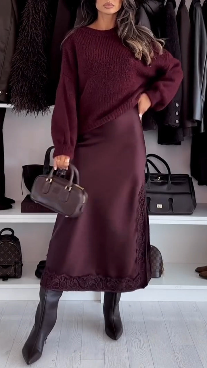 Women Inner Suspender Dress + Knitted Sweater Solid Color Casual Suit