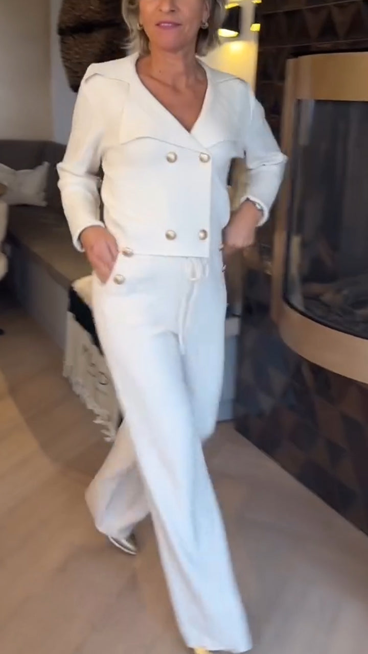 Women Lapel Double-breasted Top + Pants Temperament Casual Suit