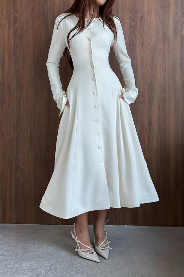 Women Elegant Round Neck Slit Sleeve Button Dress