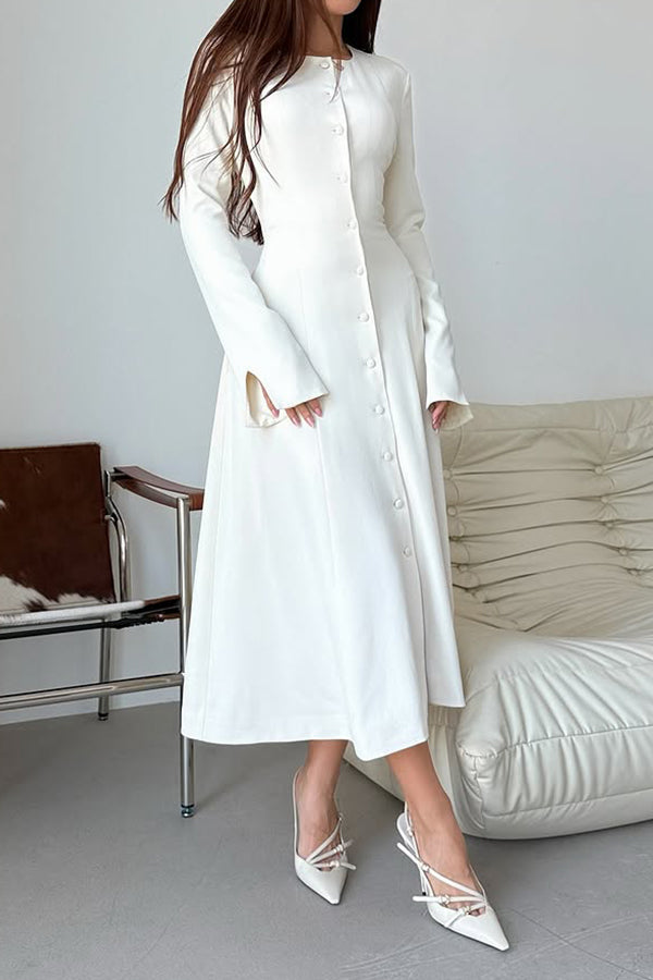 Women Elegant Round Neck Slit Sleeve Button Dress