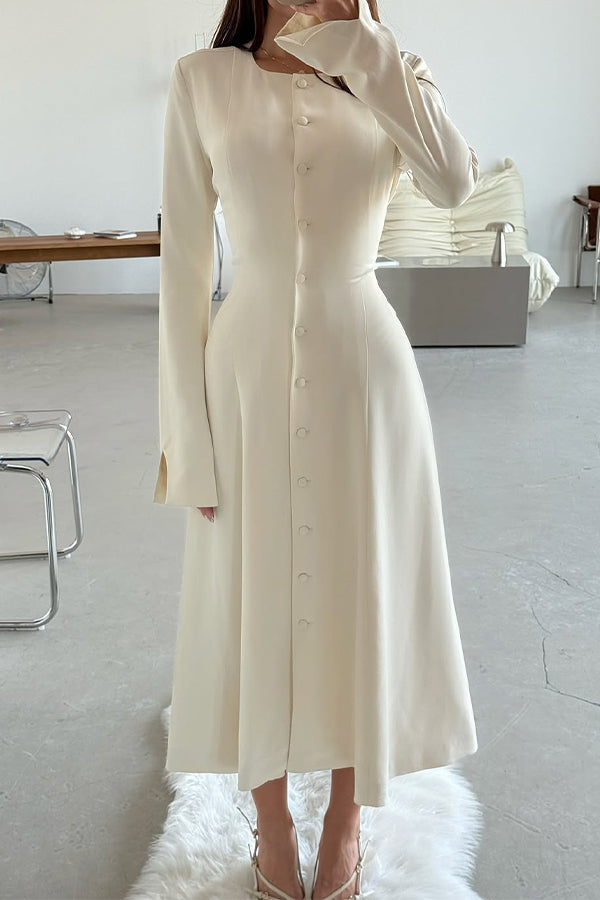 Women Elegant Round Neck Slit Sleeve Button Dress