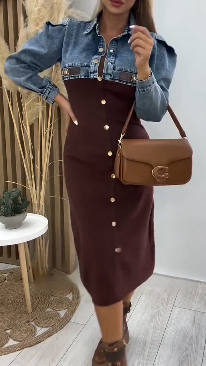 Women Lapel Denim Patchwork Casual Dress