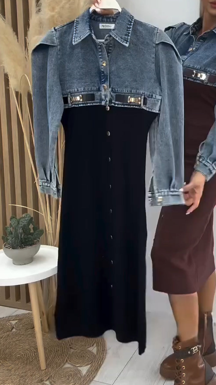 Women Lapel Denim Patchwork Casual Dress