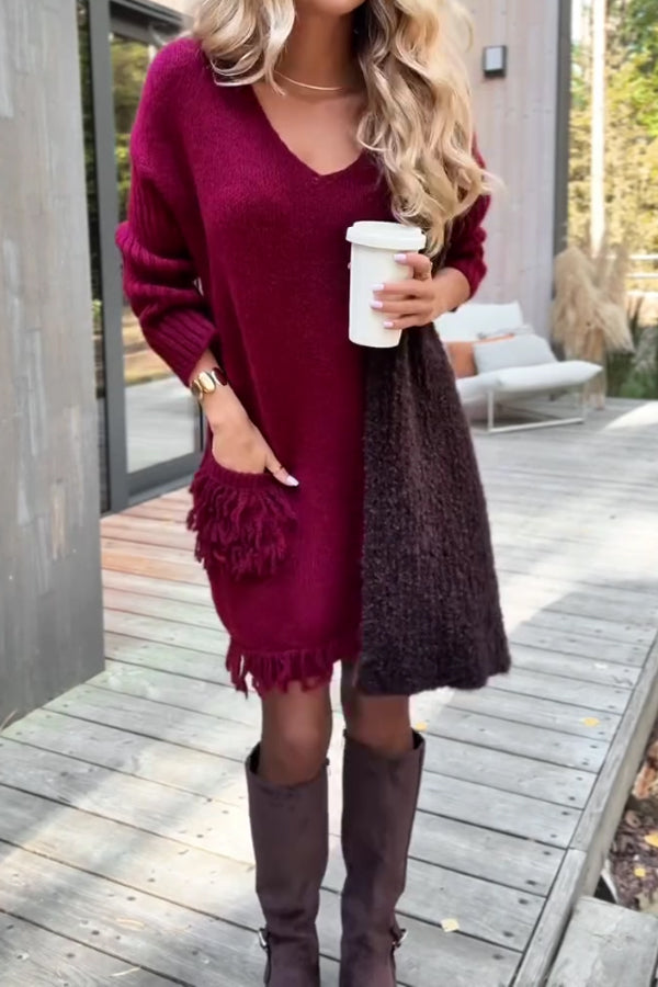 Women Casual Tassel Pocket Paneled Sleeve Sweater Dress