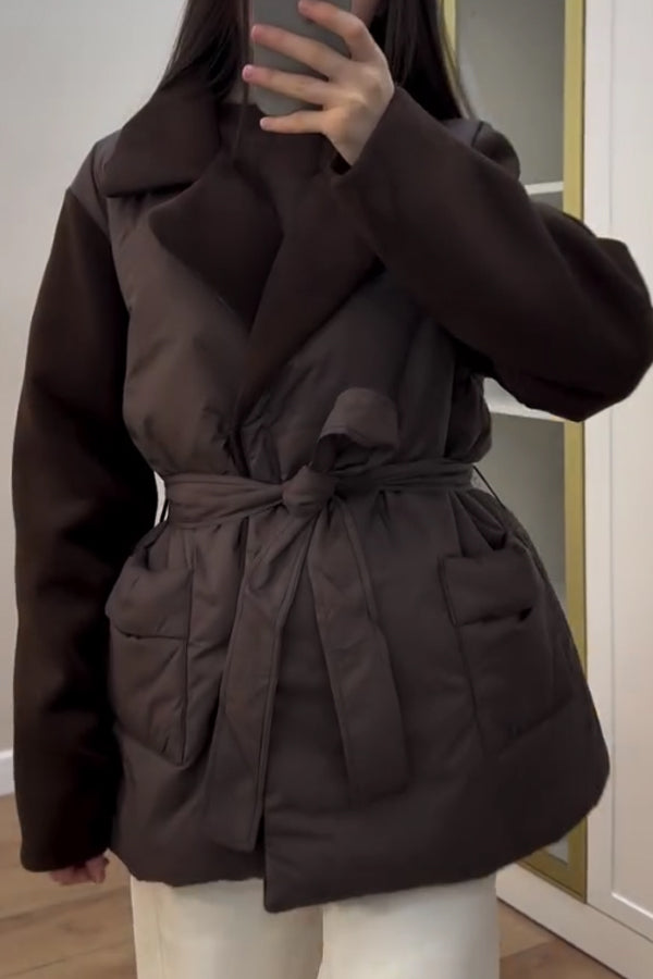 Women Casual Paneled Sleeves Crossover Tie-Drawstring Warm Coat