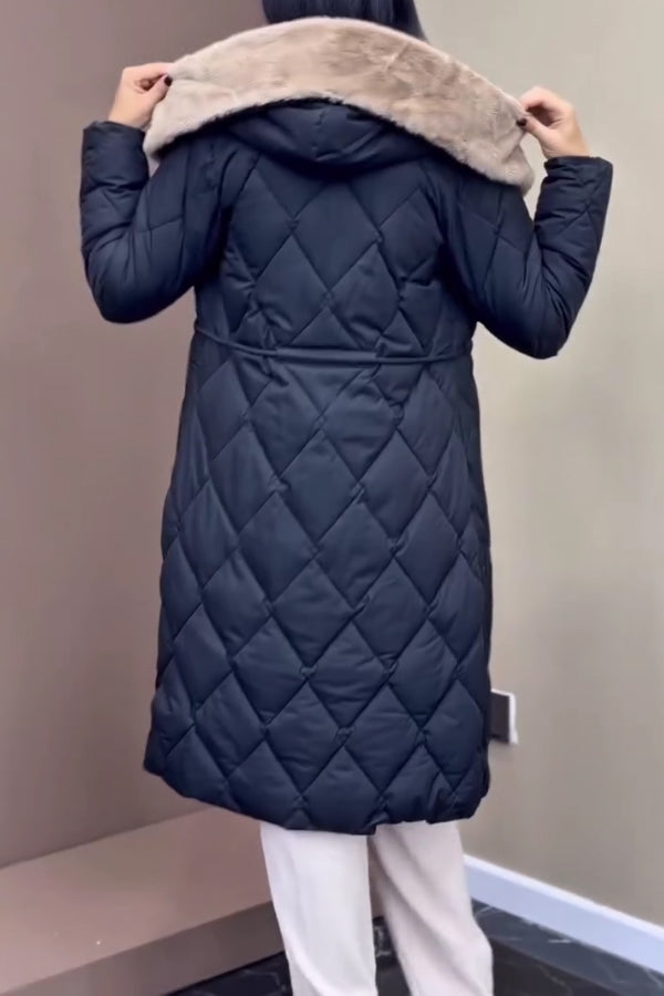 Women Casual Fur Hooded Drawstring Waist Button Slit Warm Long Coat