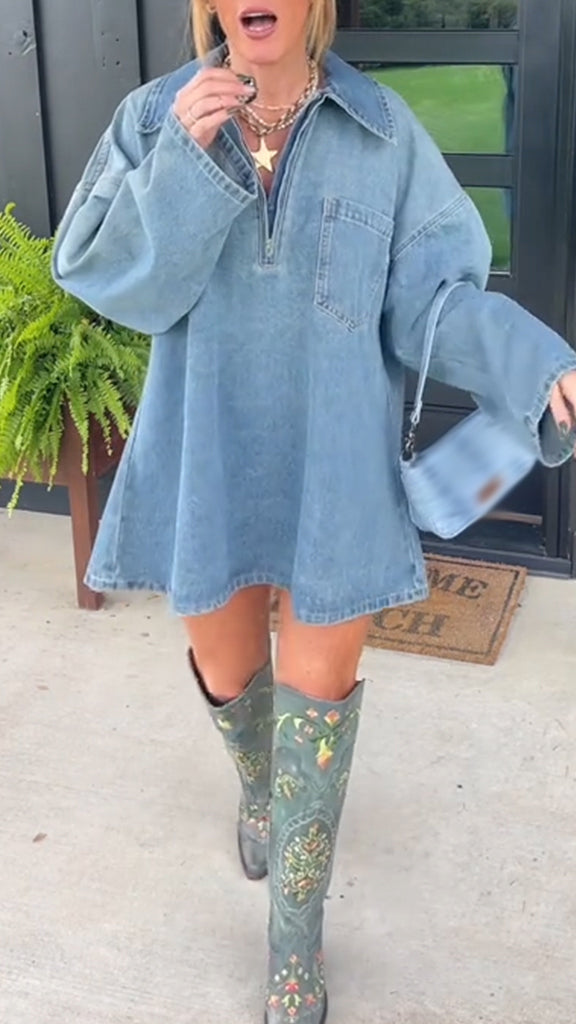 Women Lapel Washed Casual Loose Denim Dress