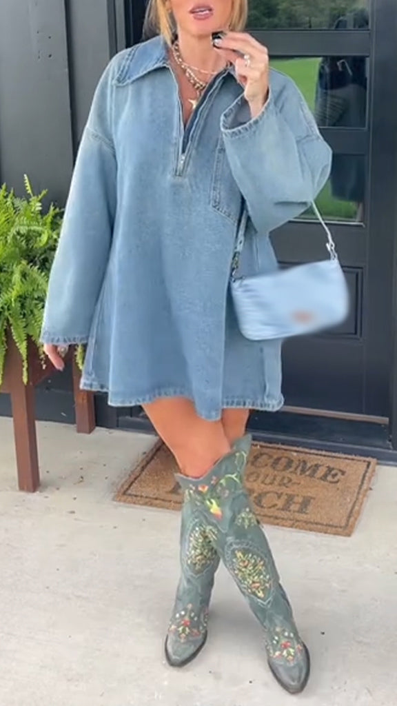 Women Lapel Washed Casual Loose Denim Dress