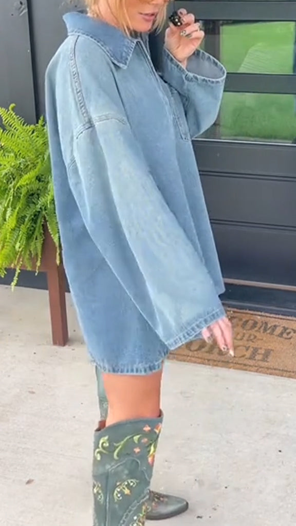 Women Lapel Washed Casual Loose Denim Dress