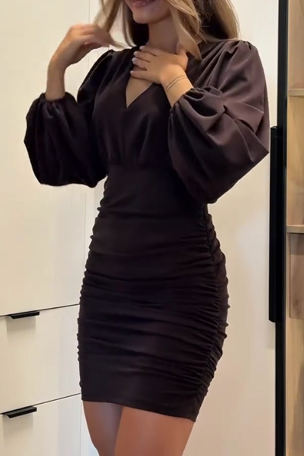 Women Elegant Deep V Red Velvet Pleated Dress