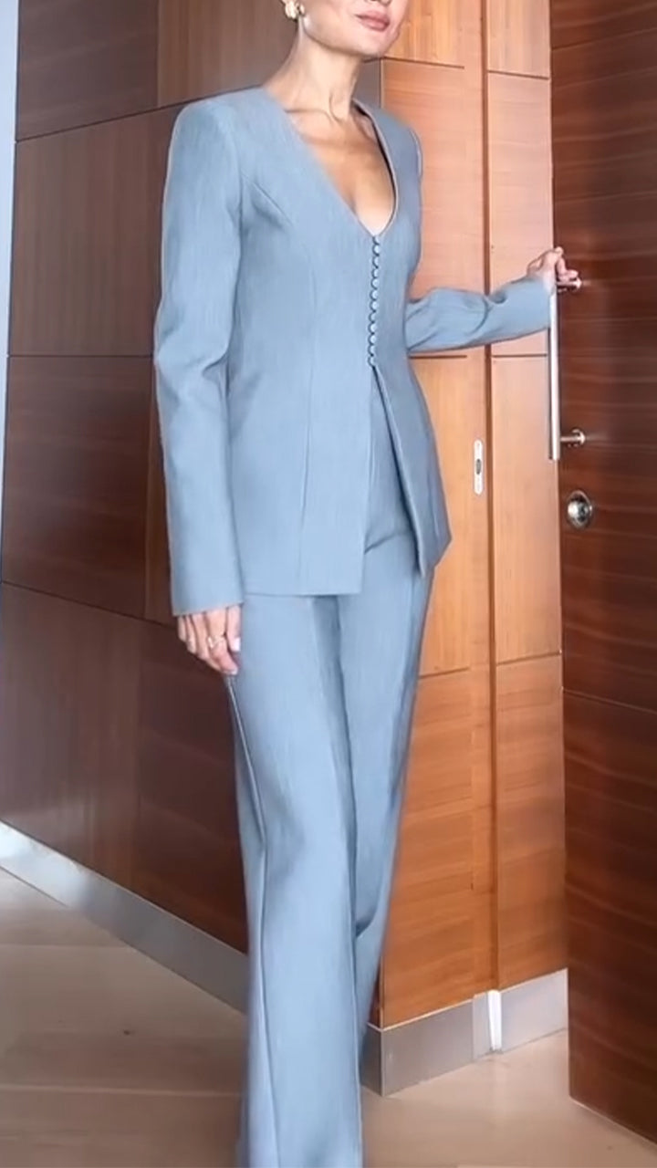 Women V-neck Small-breasted Jacket + Pants Solid Color Temperament Commuter Suit