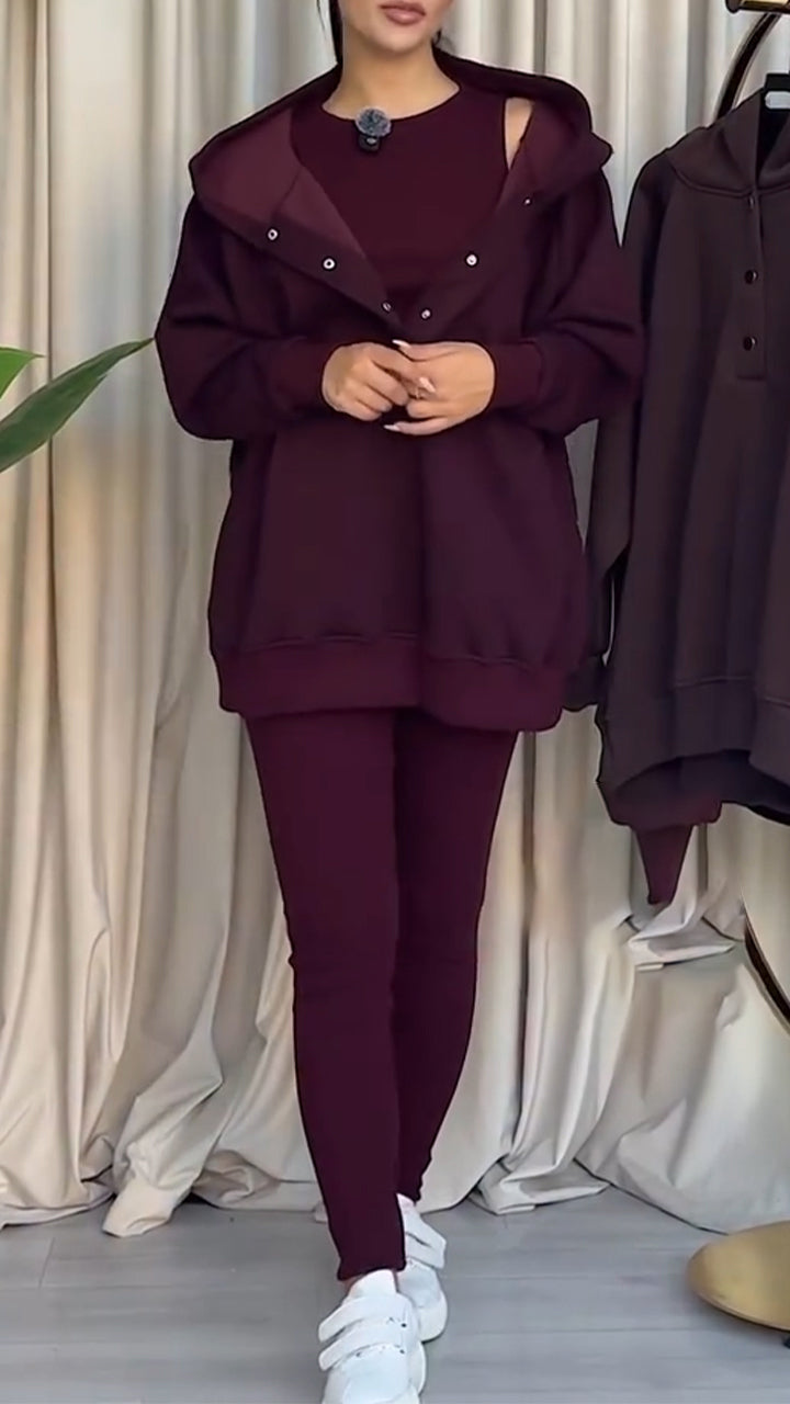 Women Hooded Sweatshirt + Pants Solid Color Casual Suit