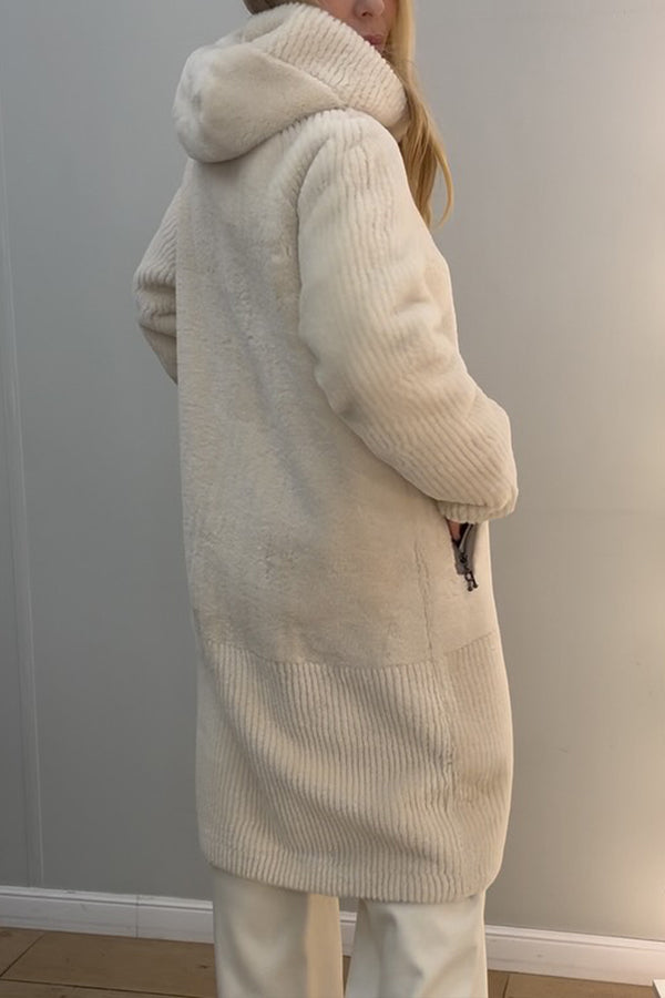 Women Plush Striped Texture Hooded Zipper Pocket Long Coat