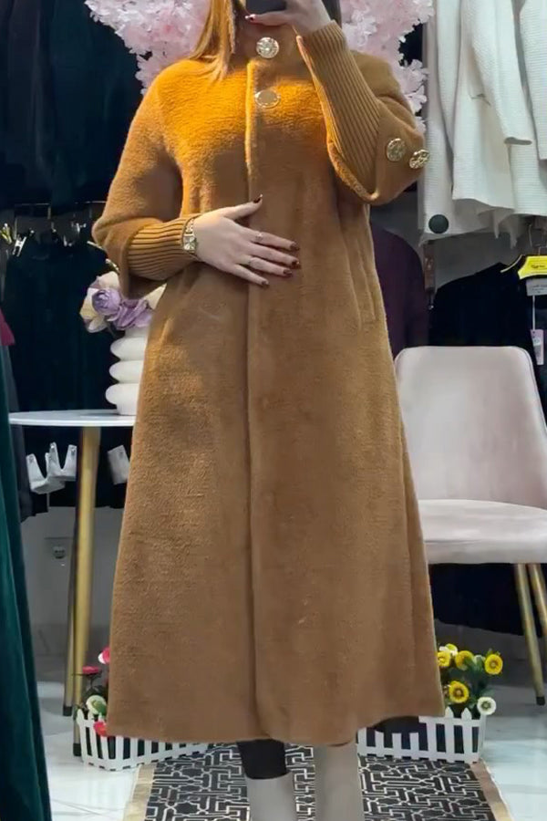 Women Elegant Turtleneck Knit Sleeves Large Button Plush Long Coat