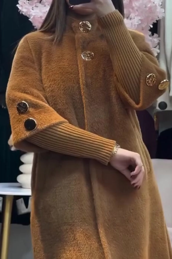 Women Elegant Turtleneck Knit Sleeves Large Button Plush Long Coat