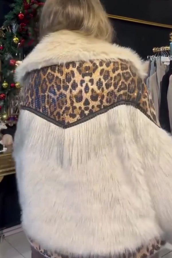 Women Party Plush Large Lapel Leopard Print Sequined Tassel Warm Coat