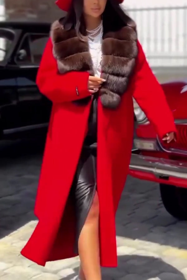 Women Elegant Contrast Color Fur Collar Slit Long Coat
