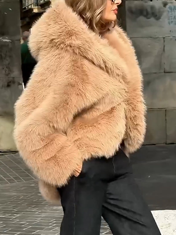 Women Hooded Solid Color Temperament Casual Plush Coat