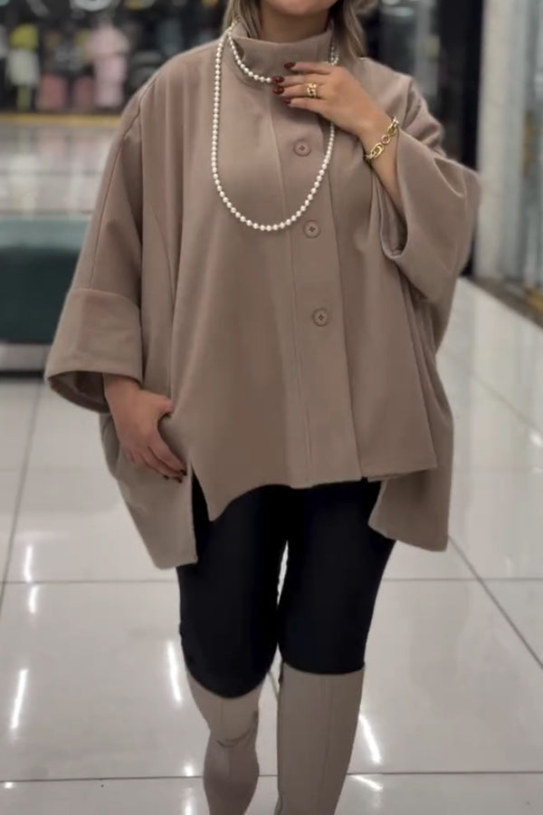 Women Elegant Simple Stand Collar Button Batwing Sleeve Cape Coat