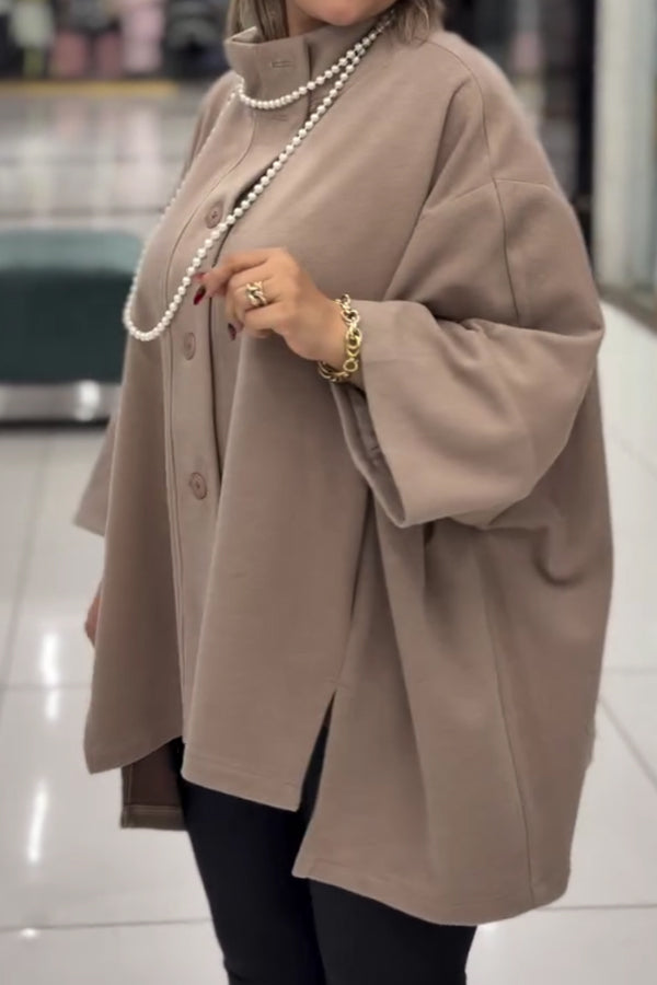 Women Elegant Simple Stand Collar Button Batwing Sleeve Cape Coat