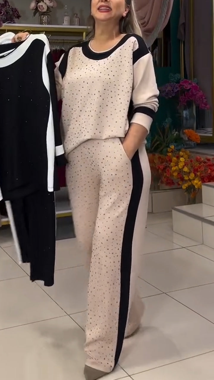Women Round Neck Rhinestone Casual Suit