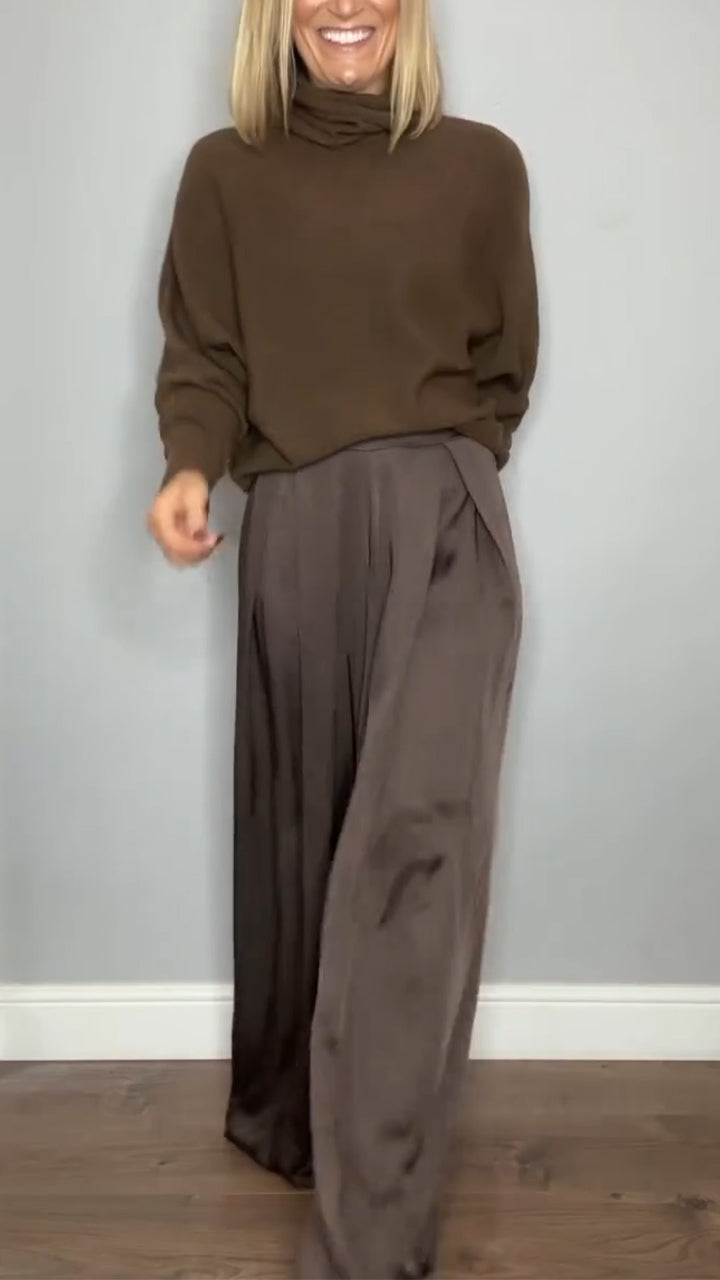 Women Round Neck Solid Color Knitted Top + Pants Casual Suit