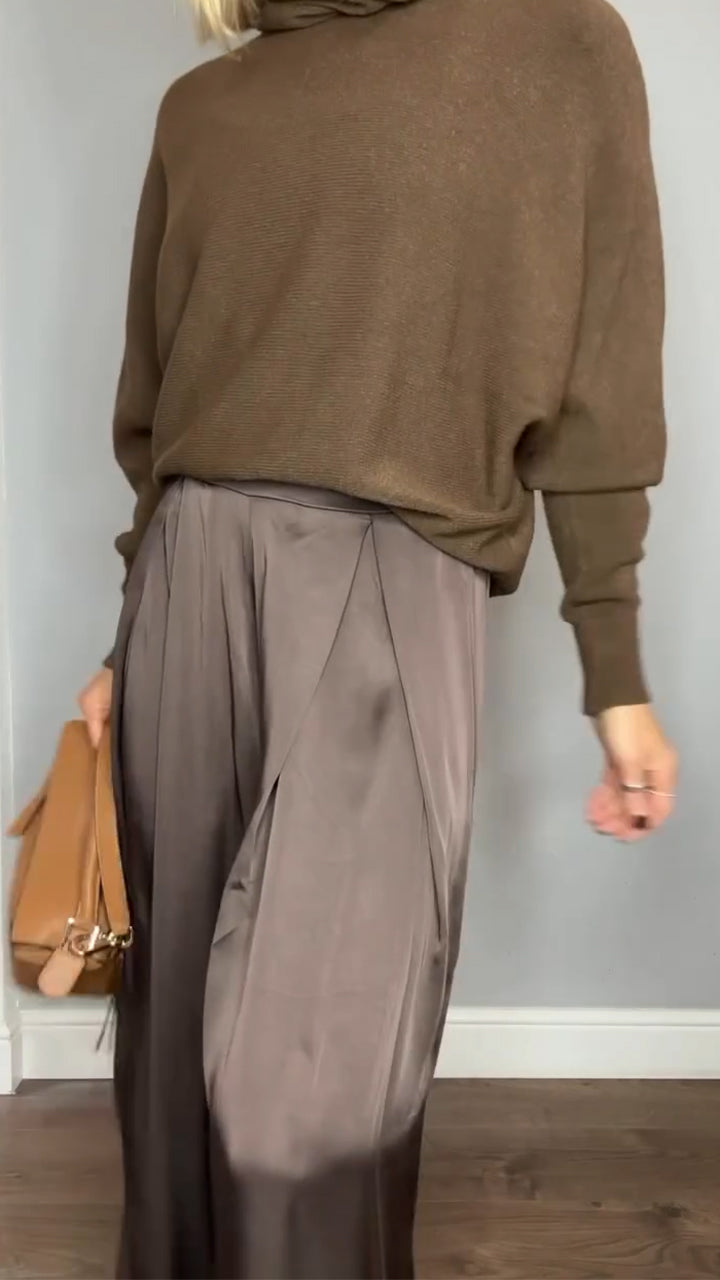 Women Round Neck Solid Color Knitted Top + Pants Casual Suit