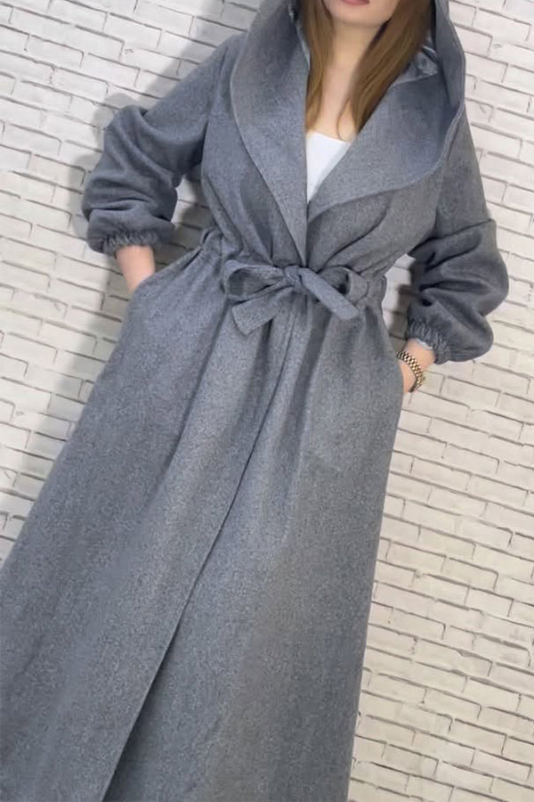 Women Casual Waist Tie Hooded Long Coat