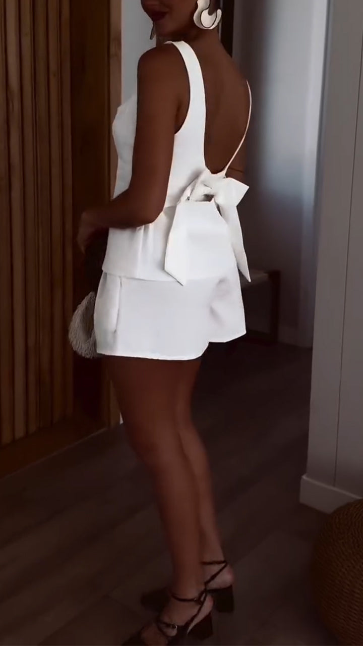 Women Square Neck Back Hollow Top + Shorts Casual Suit
