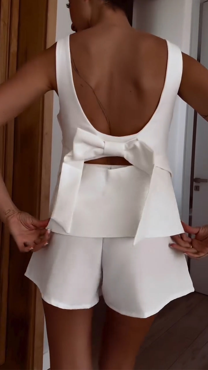 Women Square Neck Back Hollow Top + Shorts Casual Suit
