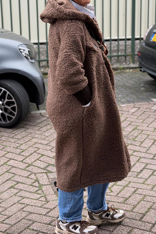 Women Casual Grained Plush Knit Sleeve Hooded Long Coat