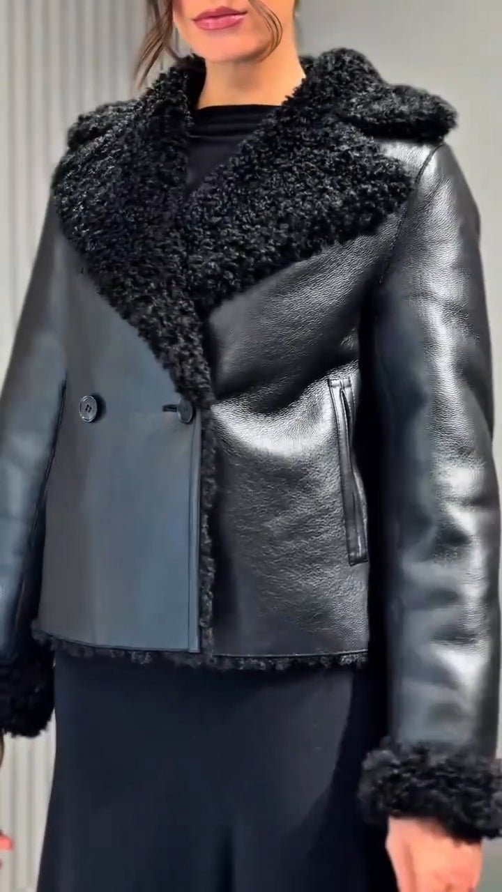 Women Lapel Plush Leather Casual Coat