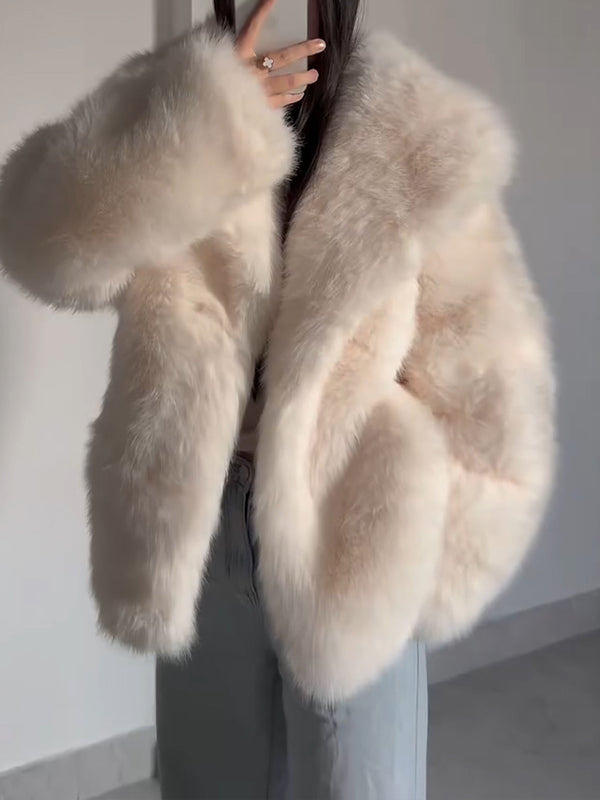 Women Lapel Solid Color Casual Plush Coat