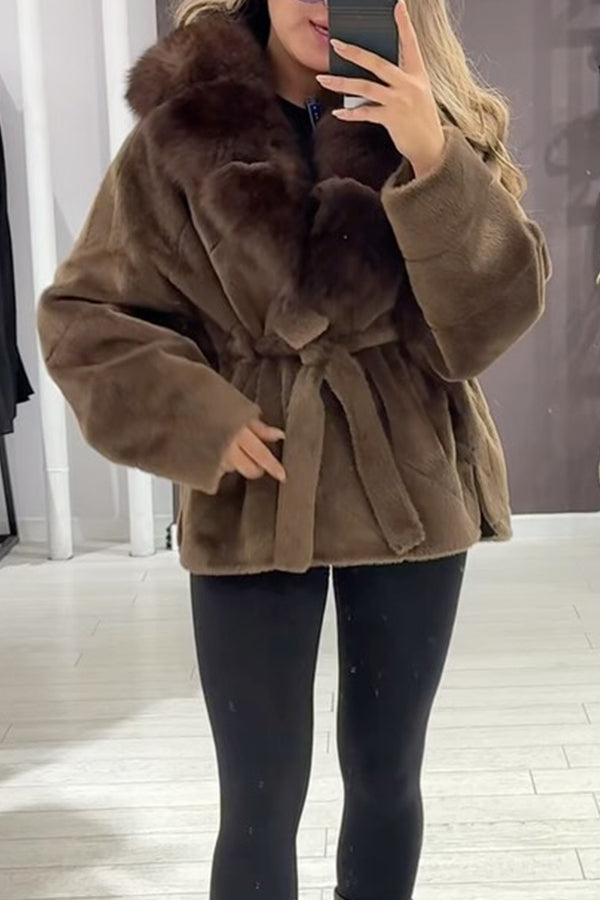 Women Elegant Fur Collar Plush Lace-up Batwing Sleeve Warm Coat
