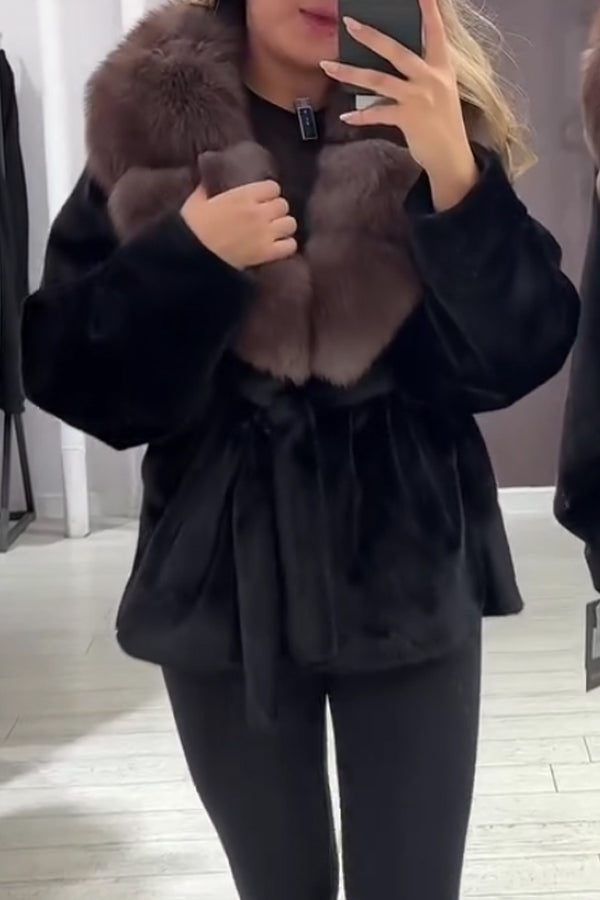Women Elegant Fur Collar Plush Lace-up Batwing Sleeve Warm Coat