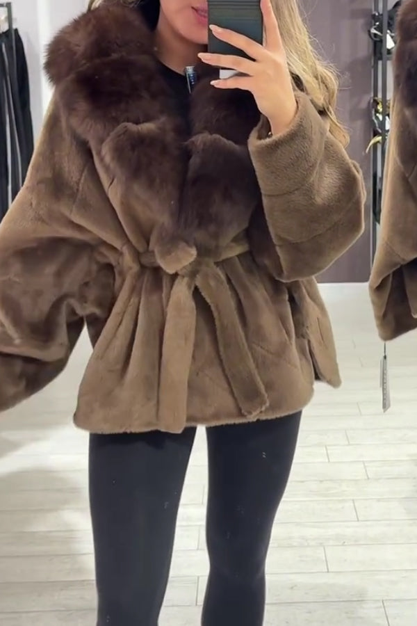 Women Elegant Fur Collar Plush Lace-up Batwing Sleeve Warm Coat
