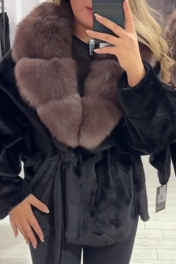 Women Elegant Fur Collar Plush Lace-up Batwing Sleeve Warm Coat