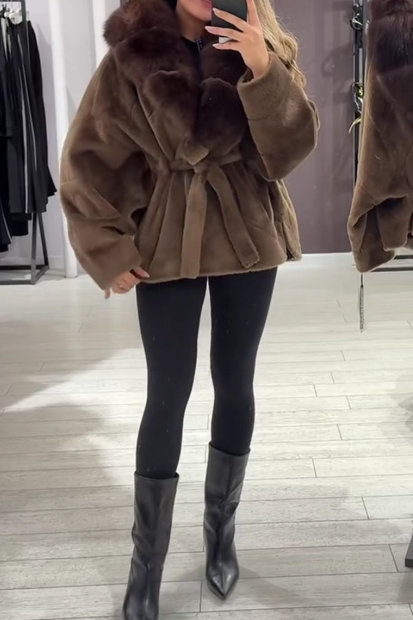 Women Elegant Fur Collar Plush Lace-up Batwing Sleeve Warm Coat