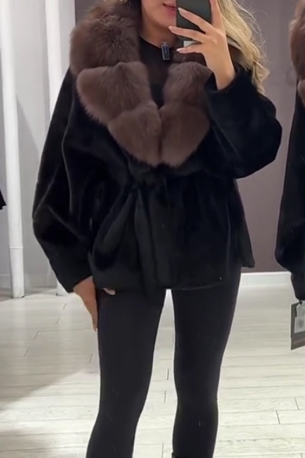 Women Elegant Fur Collar Plush Lace-up Batwing Sleeve Warm Coat
