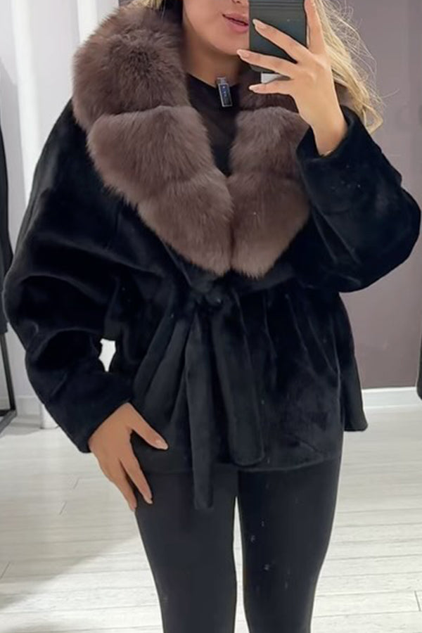 Women Elegant Fur Collar Plush Lace-up Batwing Sleeve Warm Coat