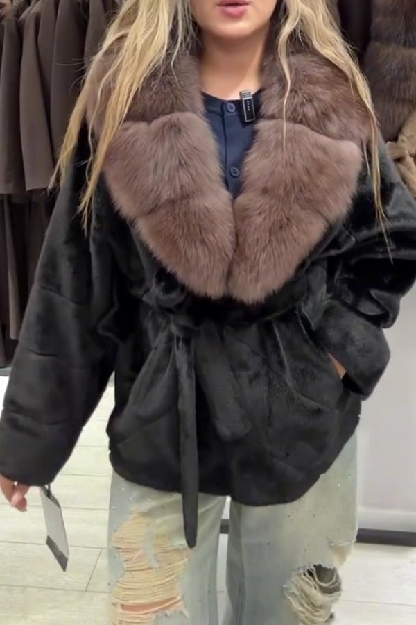 Women Elegant Fur Collar Plush Lace-up Batwing Sleeve Warm Coat