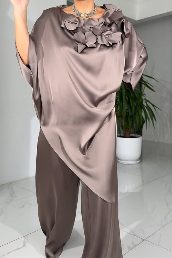 Women Elegant Three-Dimensional Floral Satin Irregular Cape Top + Wide-Leg Pants Suit