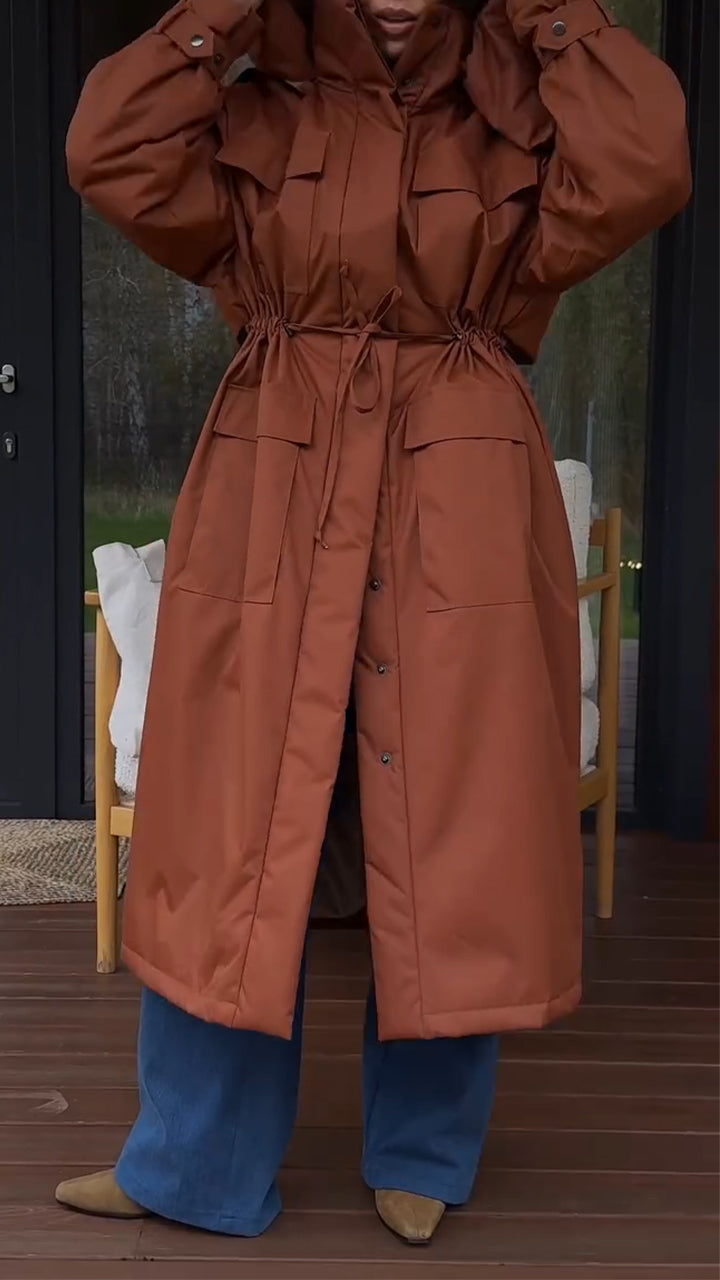 Women Solid Color Hooded Casual Long Coat