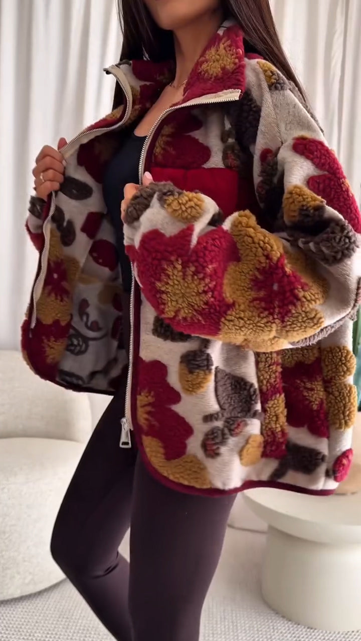 Women Lapel Plush Printed Casual Coat