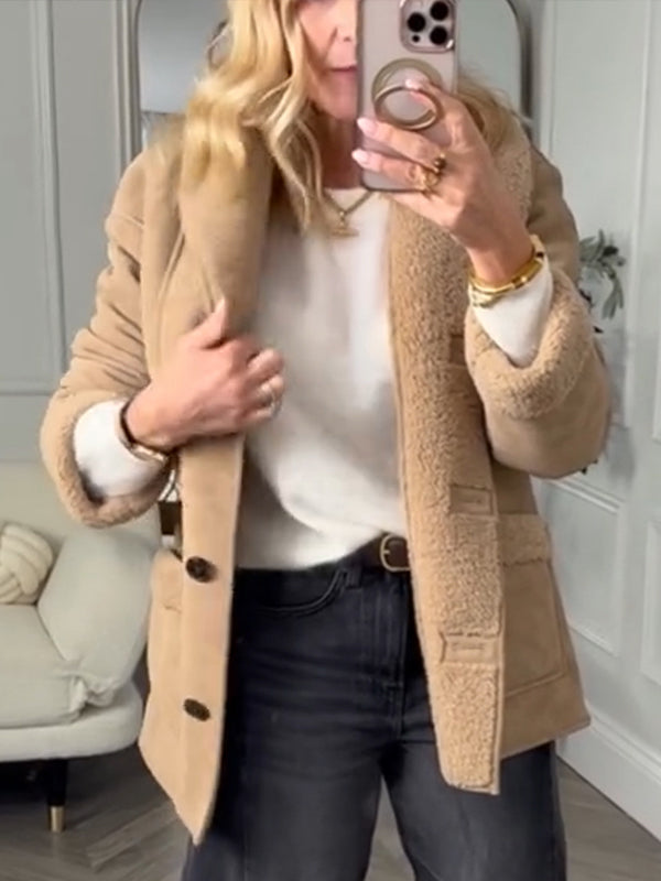 Women Lapel Inner Plush Casual Coat