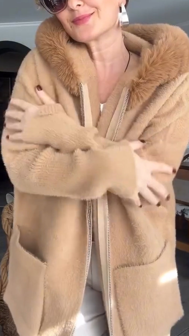 Women Fur Collar Patchwork Knitted Sleeves Casual Coat